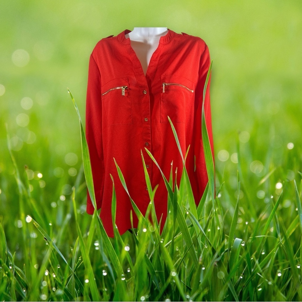 Calvin Klein L Womens Red Roll Tab Long Sleeve Zipper Pocket Utility Top